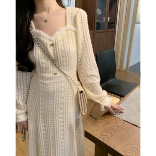 秋冬韩系长款水貂拼接蕾丝裙风衣内搭加绒方领法式气质加厚连衣裙