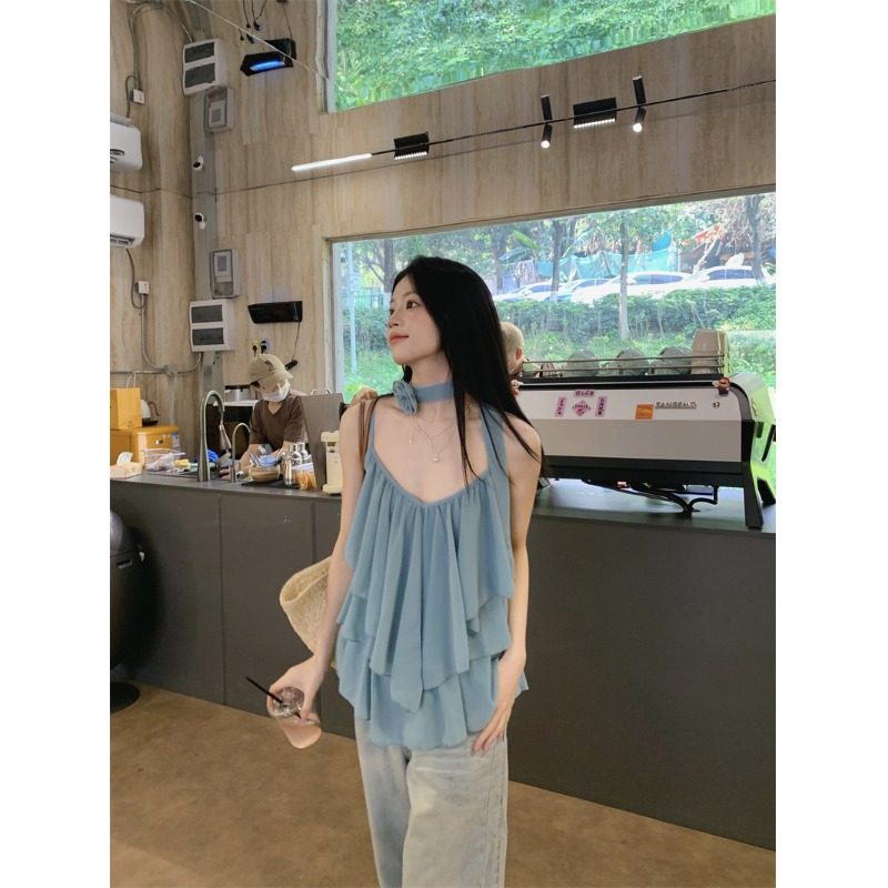 荷叶边花朵雪纺吊带小背心女夏季宽松无袖外穿设计感甜美百搭上衣