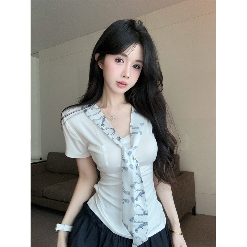 设计感飘带拼接v领短袖T恤女装夏季修身收腰纯欲小众白色正肩上衣