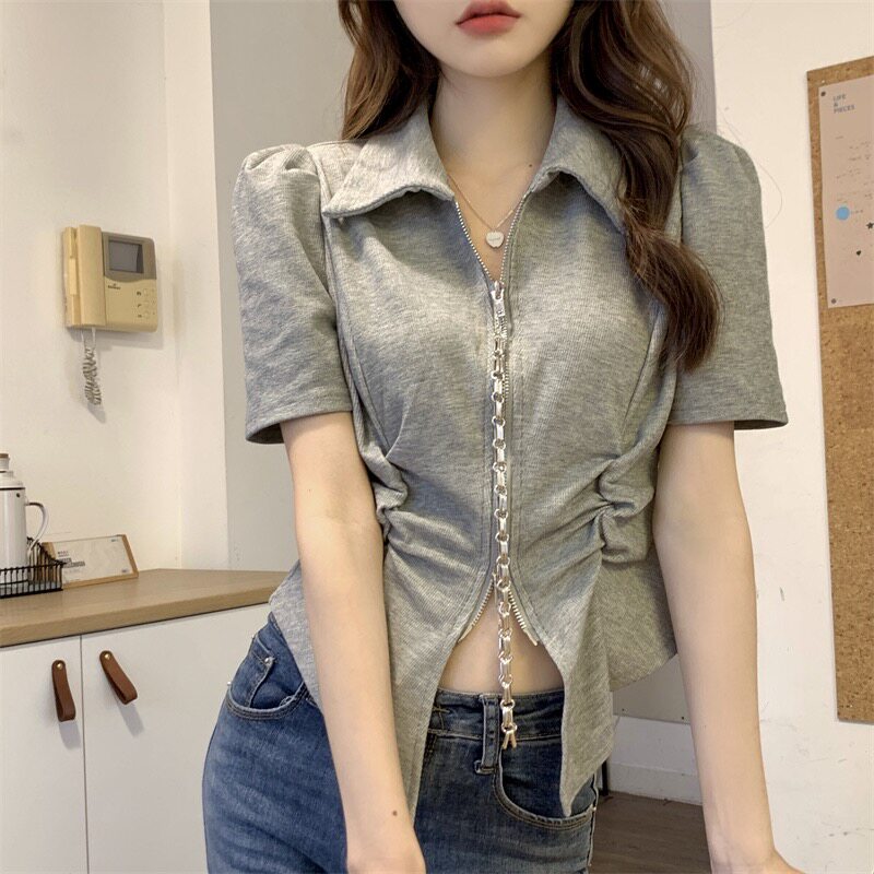 夏季polo领短款拉链辣妹T恤女