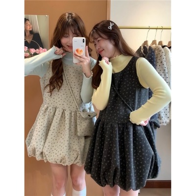 秋冬甜美碎花花苞裙套装