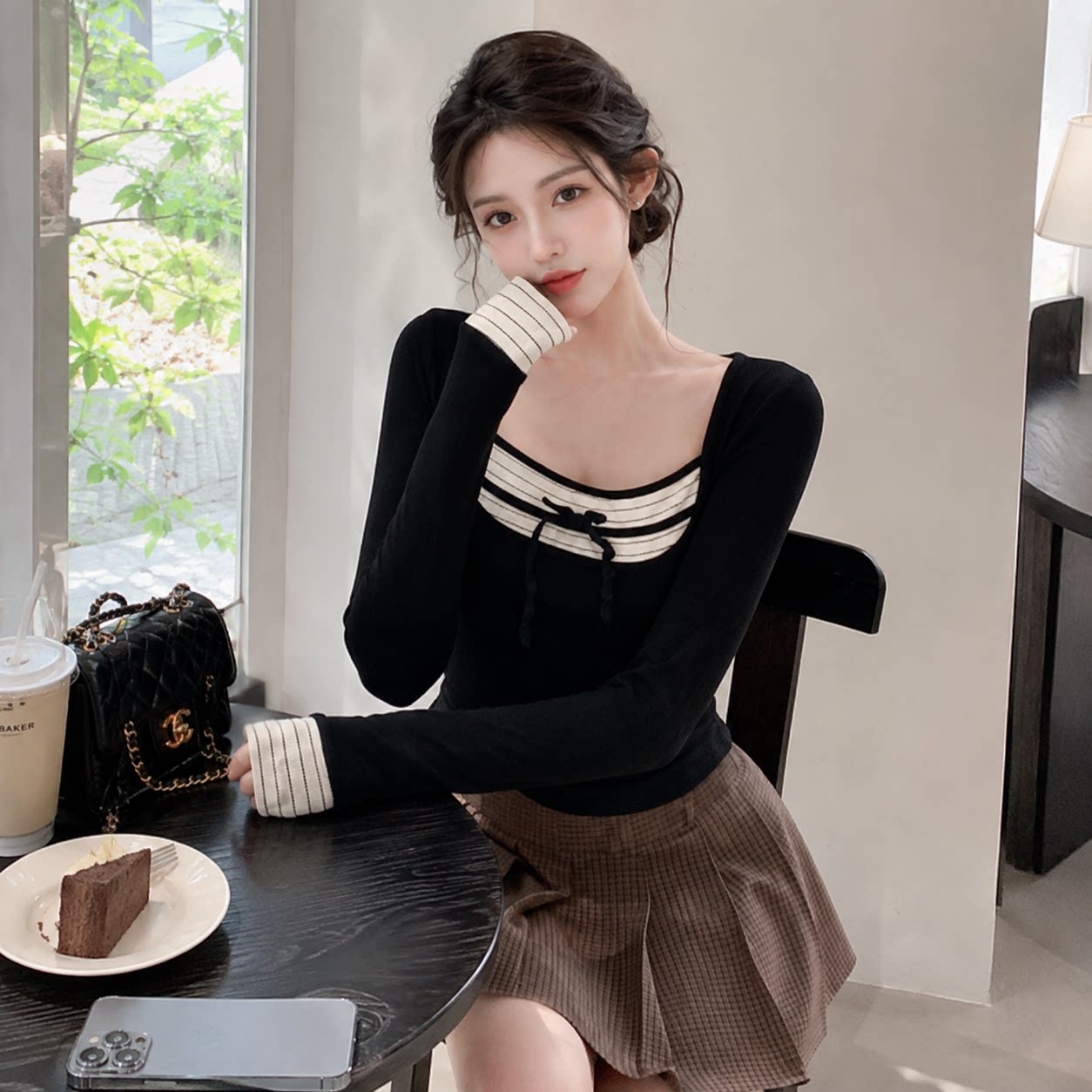 秋冬美式条纹方领假两件T恤女