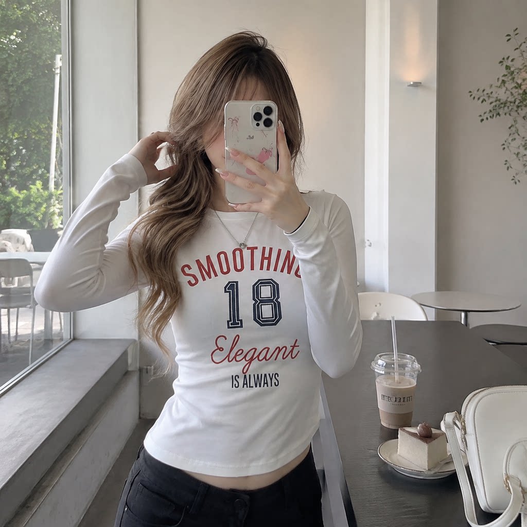美式字母纯棉长袖修身短款T恤女