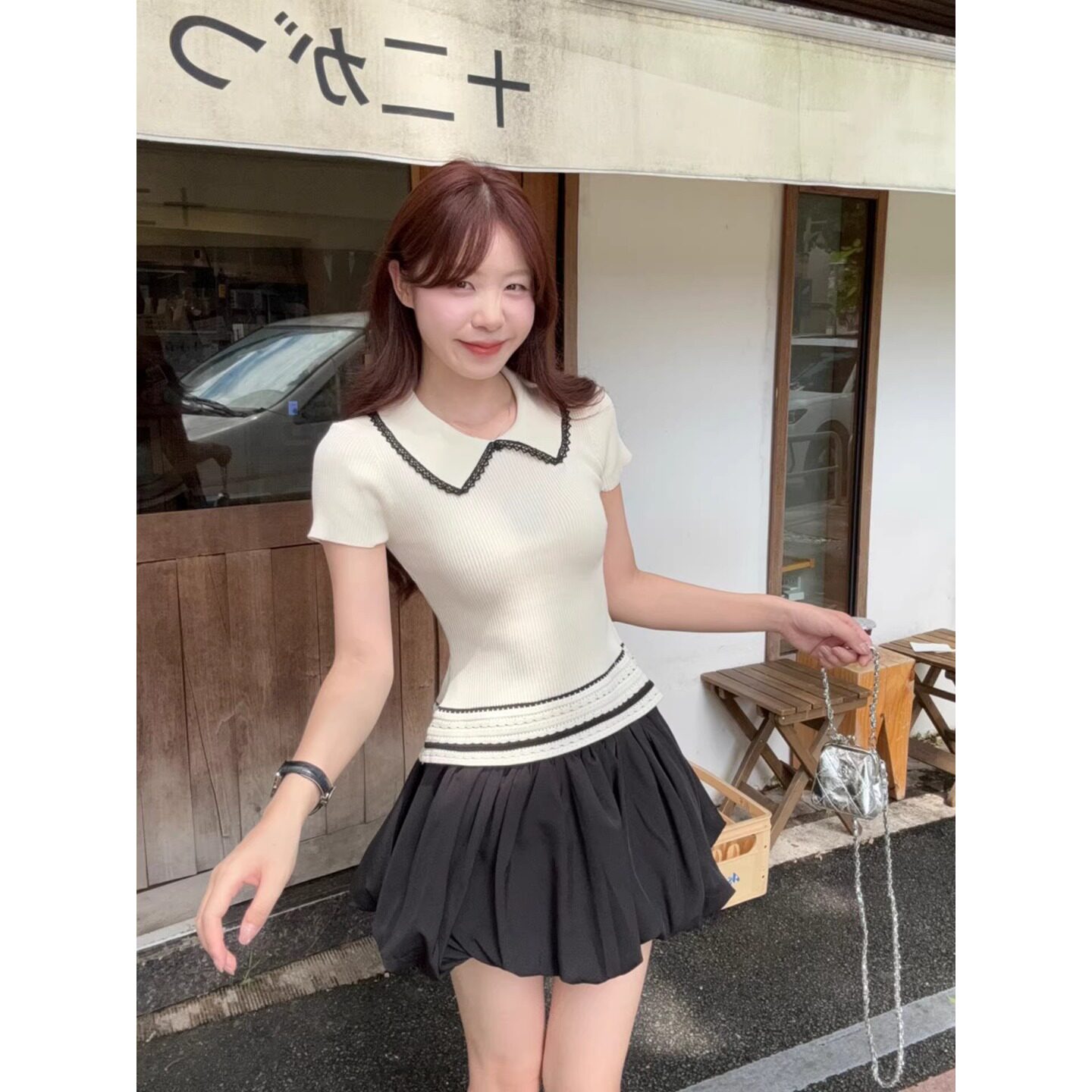 夏季香风娃娃领修身减龄针织衫