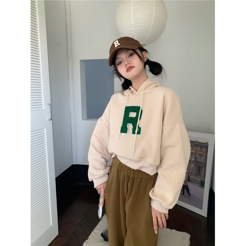 美式复古字母连帽卫衣女春秋百搭2025新款宽松慵懒风休闲短款上衣