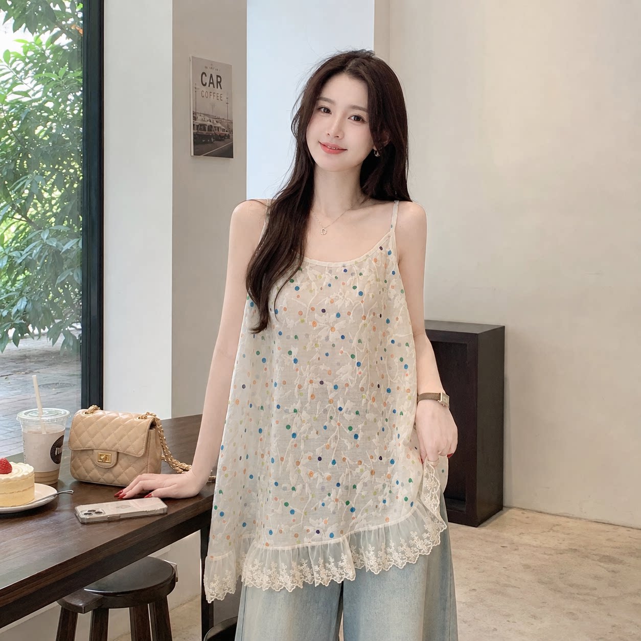 胖mm大码蕾丝碎花吊带背心