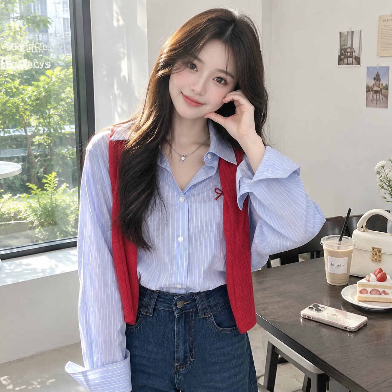 韩系条纹蝴蝶结刺绣长袖衬衫