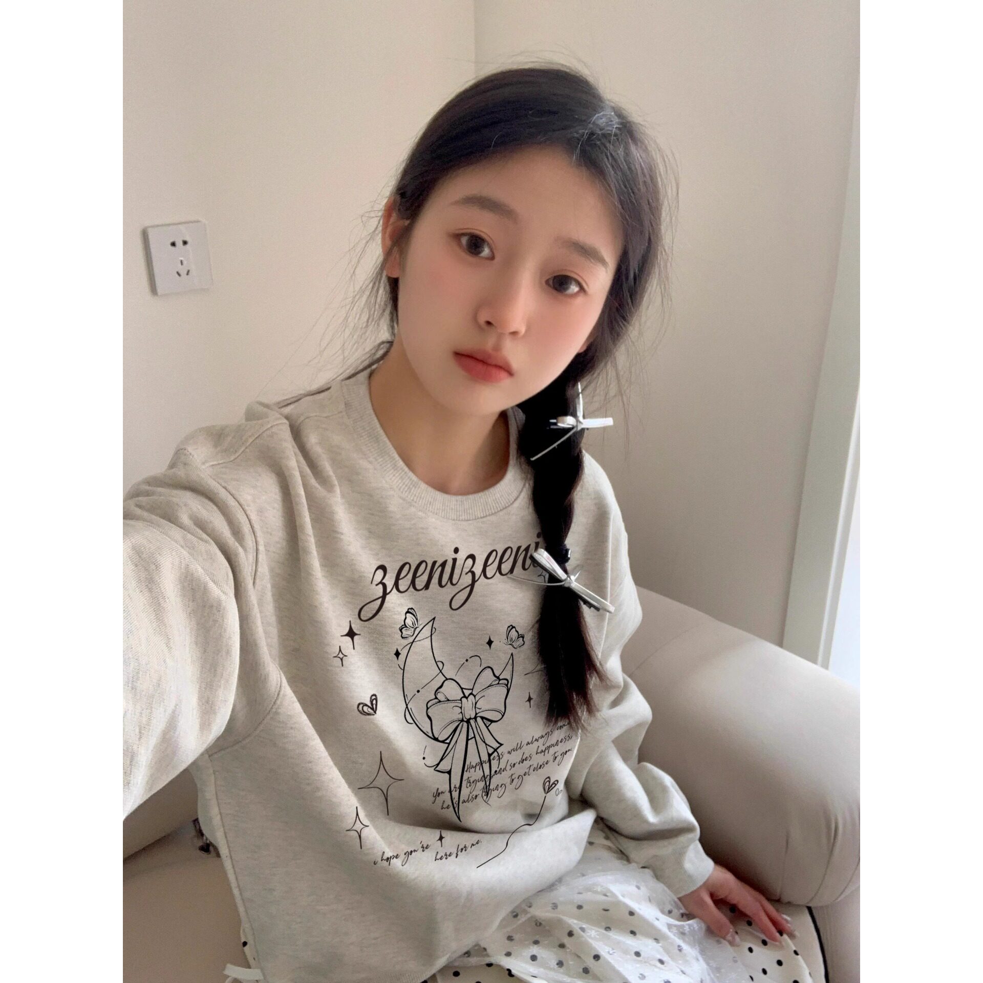 美式外穿卫衣长袖t恤女春秋新款小个子蝴蝶结印花设计感甜美上衣