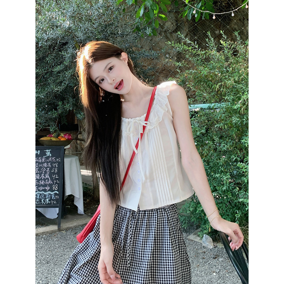 蕾丝花边小飞袖衬衫女夏季修身短款无袖衬衣吊带背心独特绝美上衣