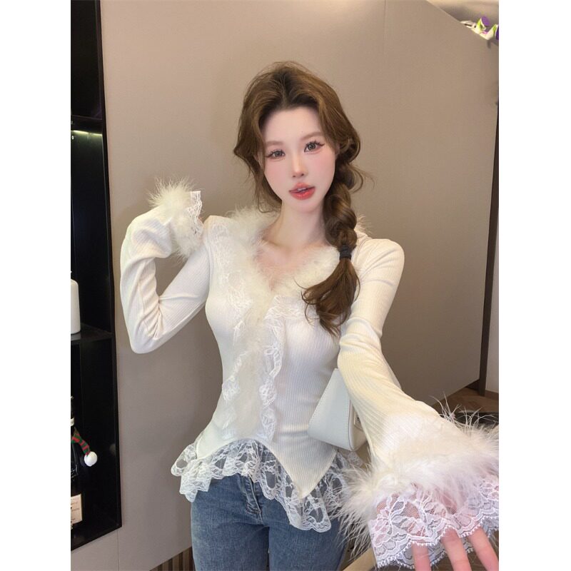 秋冬新款时尚法式纯欲风蕾丝拼接打底T恤修身显瘦长袖上衣潮流ins