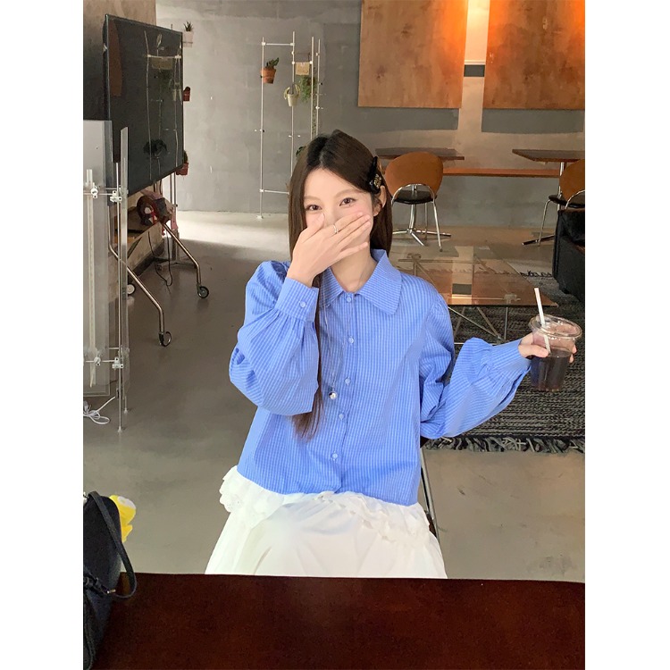 韩系甜美蓝格花边长袖衬衫
