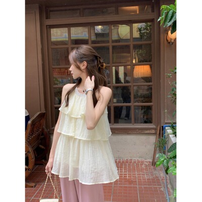 大码火龙果色无袖露肩挂脖雪纺衬衫女夏季宽松显瘦温柔风法式上衣