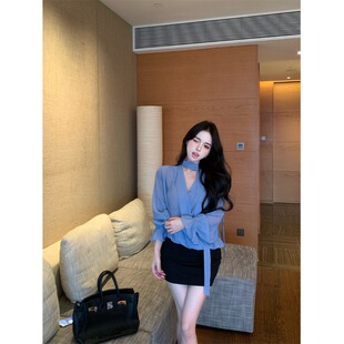 蓝色波点飘带v领长袖雪纺衬衫女夏季温柔宽松衬衣设计感通勤上衣