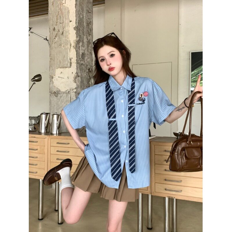 夏季复古学院风蓝条纹短袖衬衫女