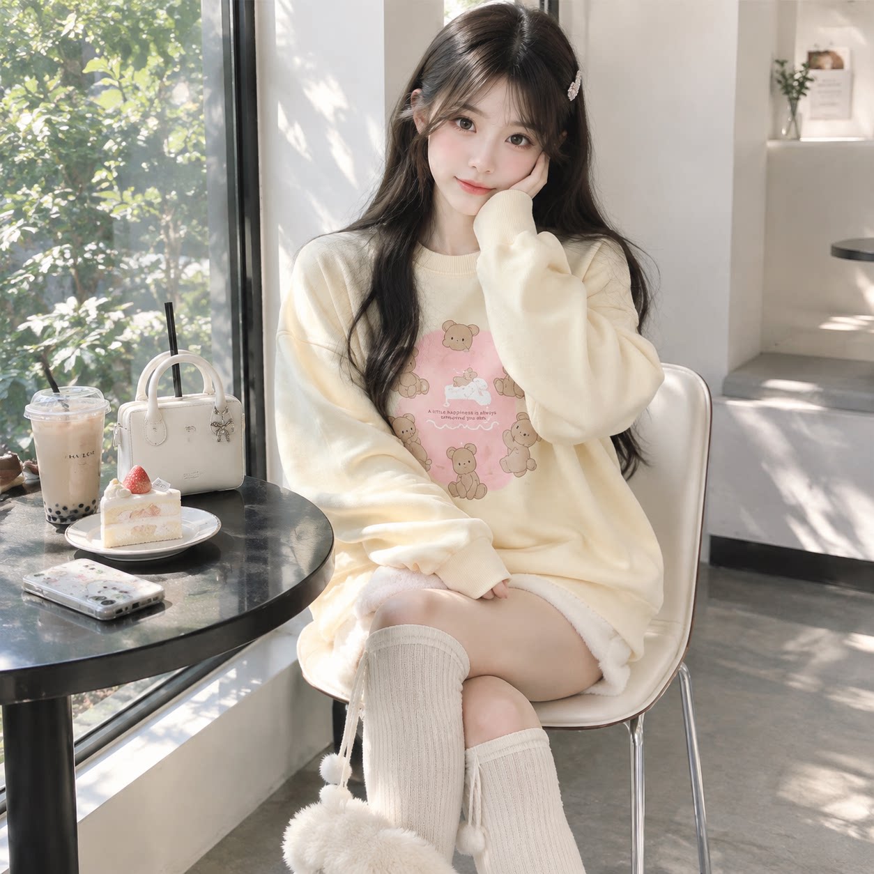 加绒加厚小熊印花宽松卫衣女