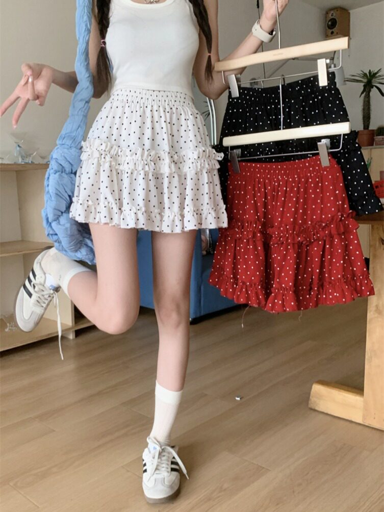 韩系波点半身裙女夏季2024新款木耳边高腰a字裙百搭防走光短裙子