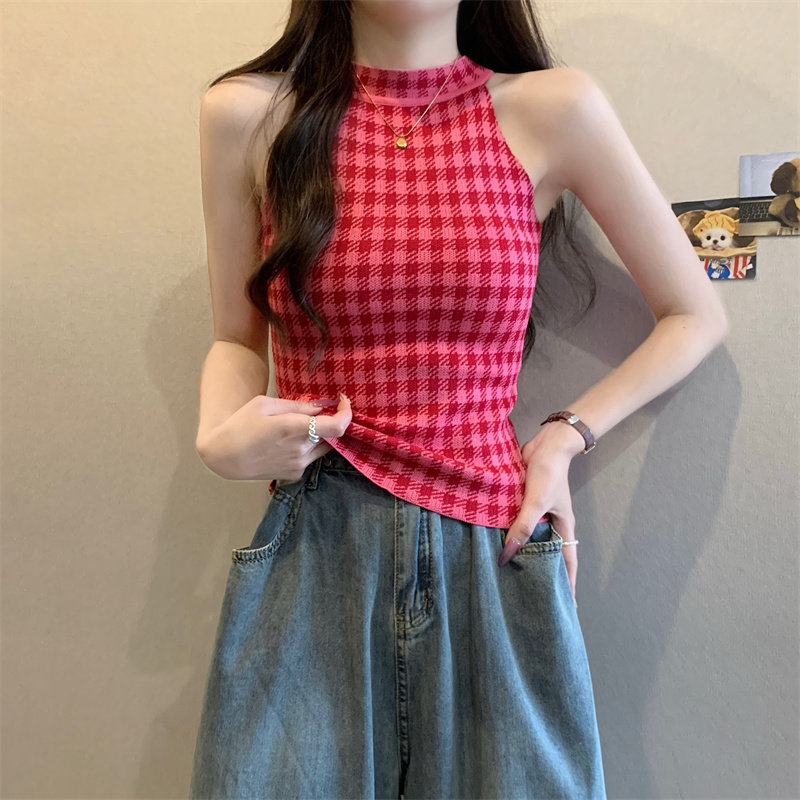 夏季格子挂脖修身显瘦针织背心