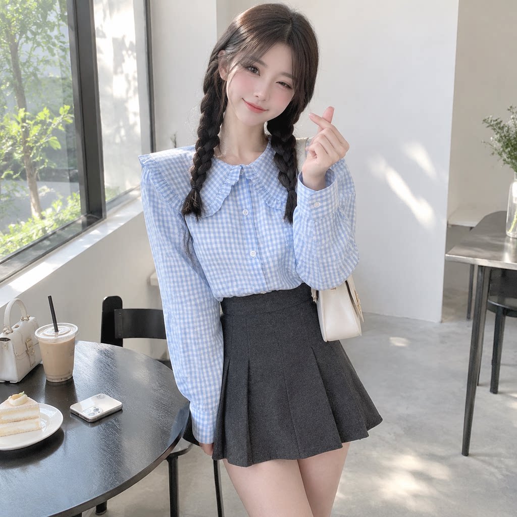 春秋韩版宽松娃娃领格子衬衫女