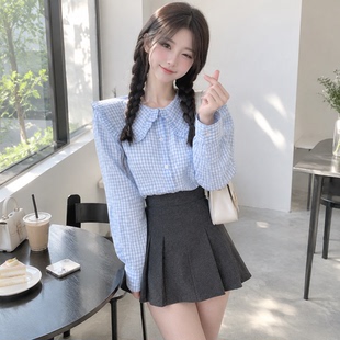 春秋新款韩版衬衫女学生宽松长袖娃娃领花边设计感外穿格子上衣潮
