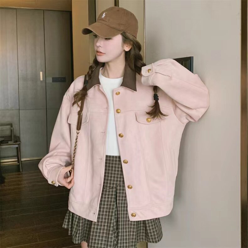 韩版学院风撞色翻领麂皮绒外套女2024春秋季新款显瘦减龄夹克上衣