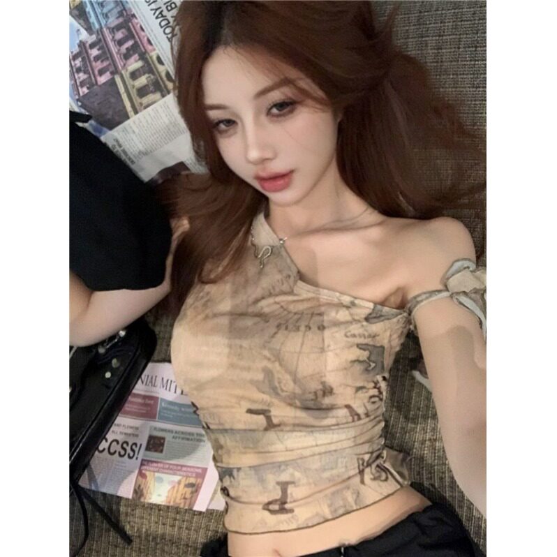 美式印花飘带斜露肩辣妹吊带背心女夏季设计小众修身显瘦短款上衣