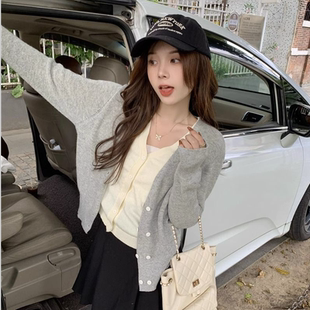 韩系叠穿上衣早秋灰色针织开衫女小个子休闲显瘦假两件毛衣外套