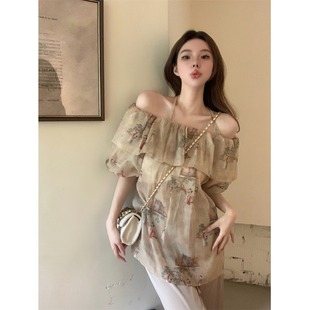 复古国风一字肩挂脖雪纺衬衫女装夏季高级感露肩衬衣气质宽松上衣