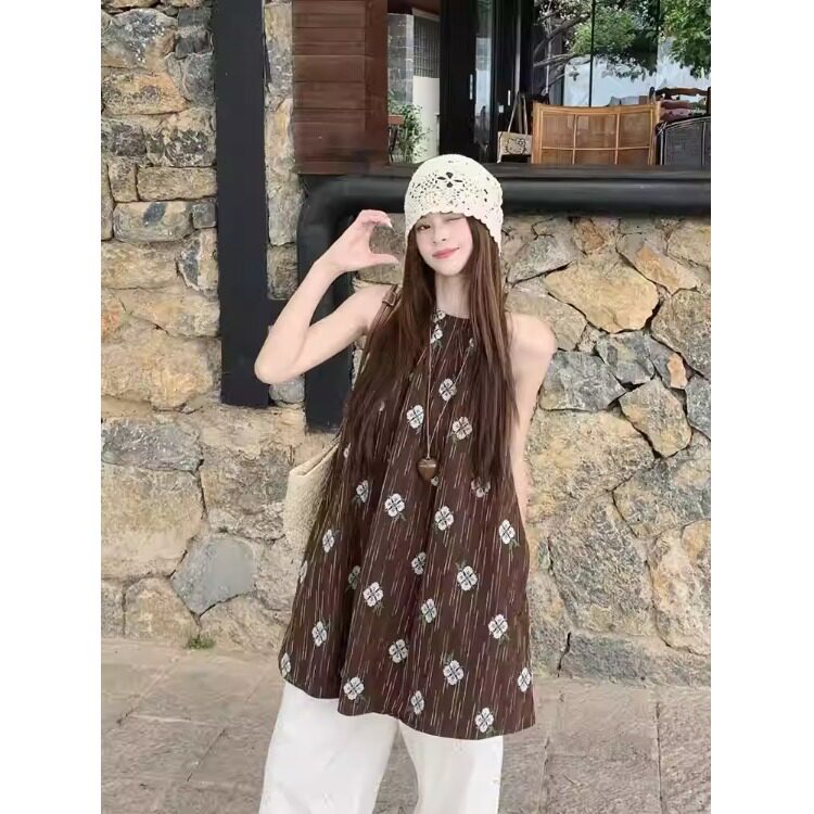 法式复古印花棕色无袖背心吊带