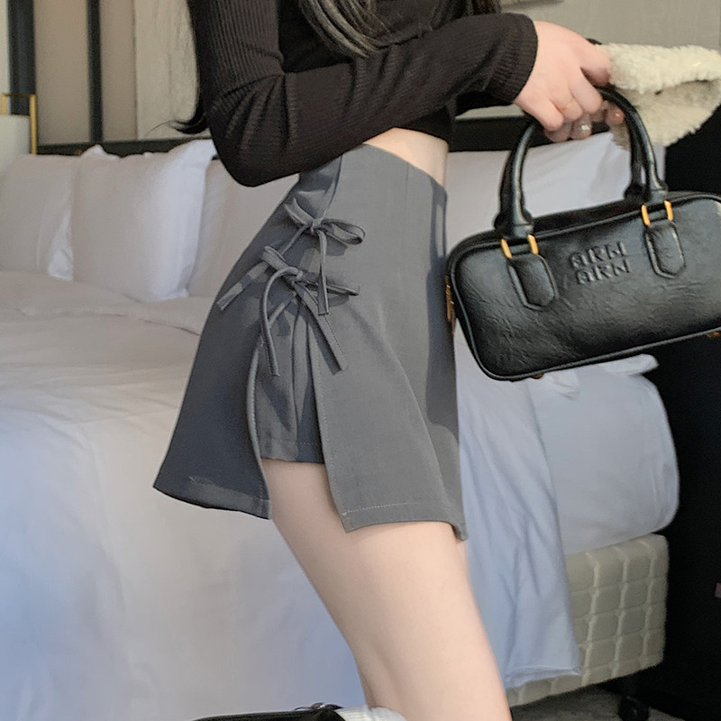 灰色侧开叉裙裤女夏季蝴蝶结系带西装包臀半身裙小个子A字短裙潮