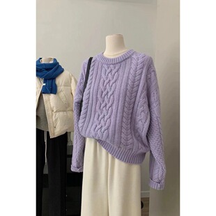 树莓粗线麻花毛衣秋冬慵懒复古宽松加厚欧货高级针织上衣针织衫