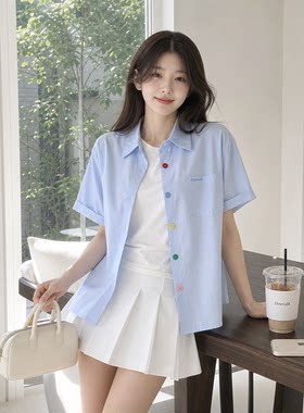 日系奶蓝纯棉短袖设计感衬衫女