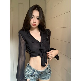 法式网纱开衫女夏季法式辣妹绑带喇叭袖透视显瘦修身喇叭袖上衣潮