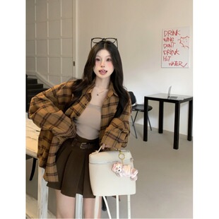 磨毛格子衬衫上衣秋冬新款女装港味2025复古慵懒风宽松衬衣外套