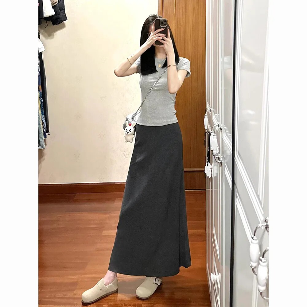 套装女2026夏季新款灰色正肩短袖上衣盐系轻熟风半身高腰长裙穿搭