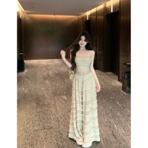 木耳边辣妹美背短款抹胸背心女夏季休闲套装高腰阔腿长裤子两件套