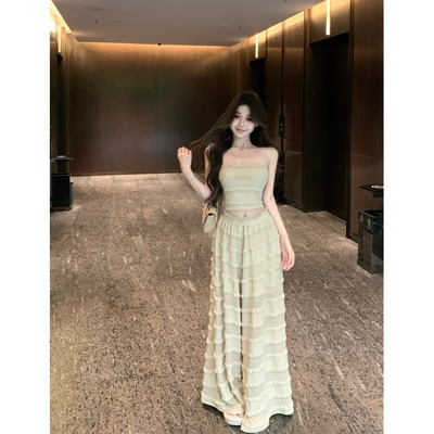 木耳边辣妹美背短款抹胸背心女夏季休闲套装高腰阔腿长裤子两件套