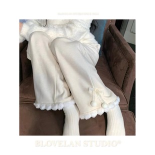 日系甜美高腰显瘦宽松蝴蝶结毛球加绒卫衣阔腿裤 秋冬新 直筒长裤