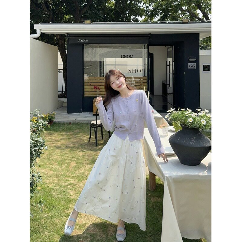 香芋紫蝴蝶结长袖针织开衫女春秋款圆领可爱甜美长袖薄款毛衣外穿