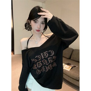 美式辣妹休闲字母印花一字肩T恤宽松中长款慵懒显瘦露肩挂脖上衣