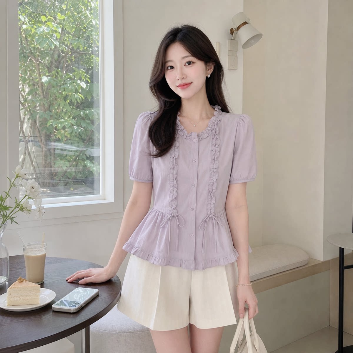 夏季木耳边花边显瘦短袖女衬衫