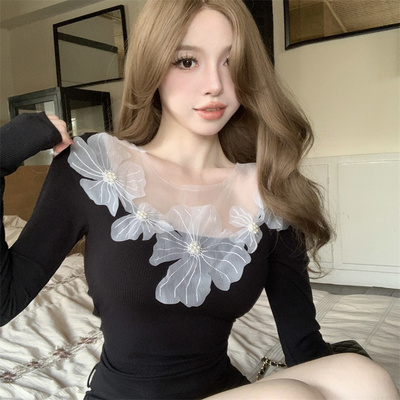 法式立体花朵长袖秋季早秋新款设计拼接修身显瘦绝美洋气上衣T恤