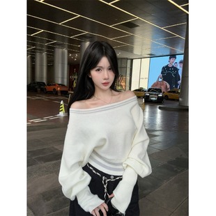 杏色斜肩短款毛衣慵懒风一字肩T恤女秋冬宽松显瘦针织衫新款上衣