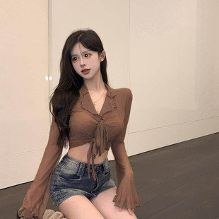 网纱长袖辣妹上衣女夏新款轻薄绑带喇叭袖微透显瘦短款荷叶边开衫