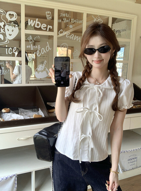 法式温柔气质娃娃领绑带泡泡袖短款系带上衣女2026夏季新款小个子