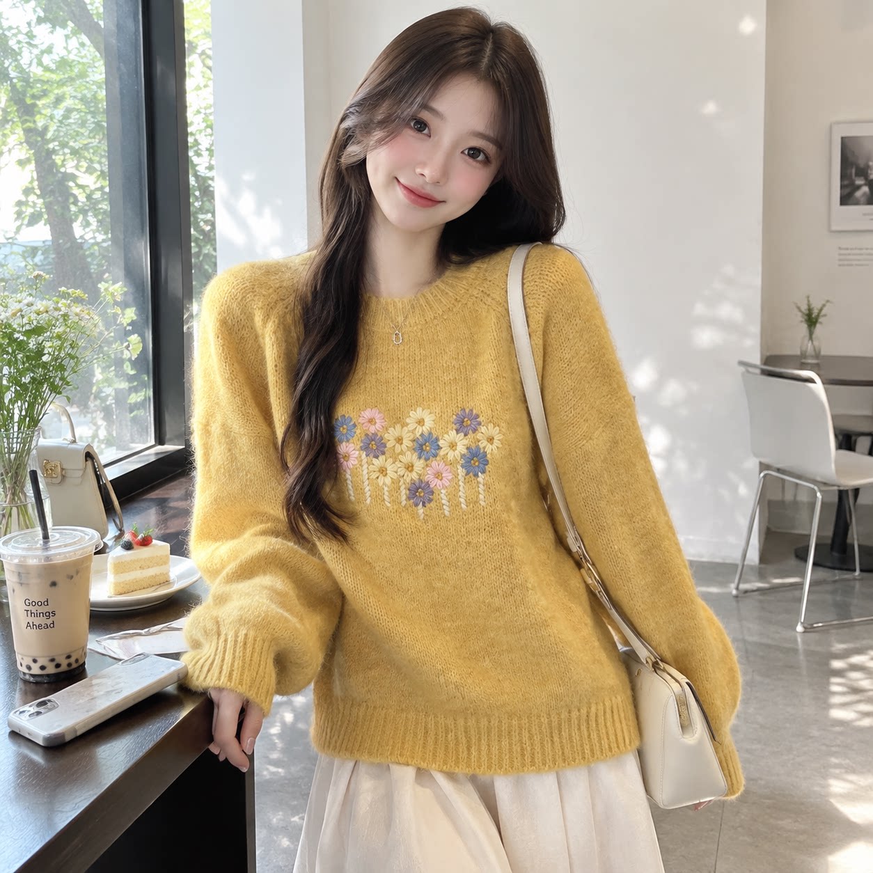 秋冬韩系温柔刺绣花朵毛衣女