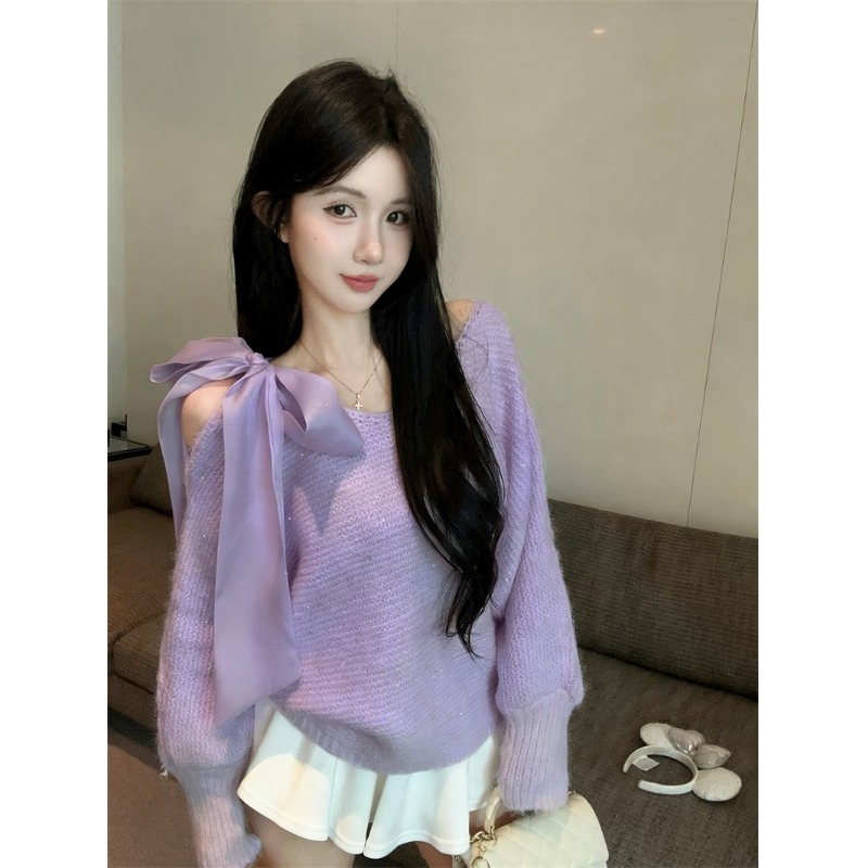 秋季设计韩系2025系带蝴蝶结秋冬新款针织衫宽松毛衣慵懒上衣外穿