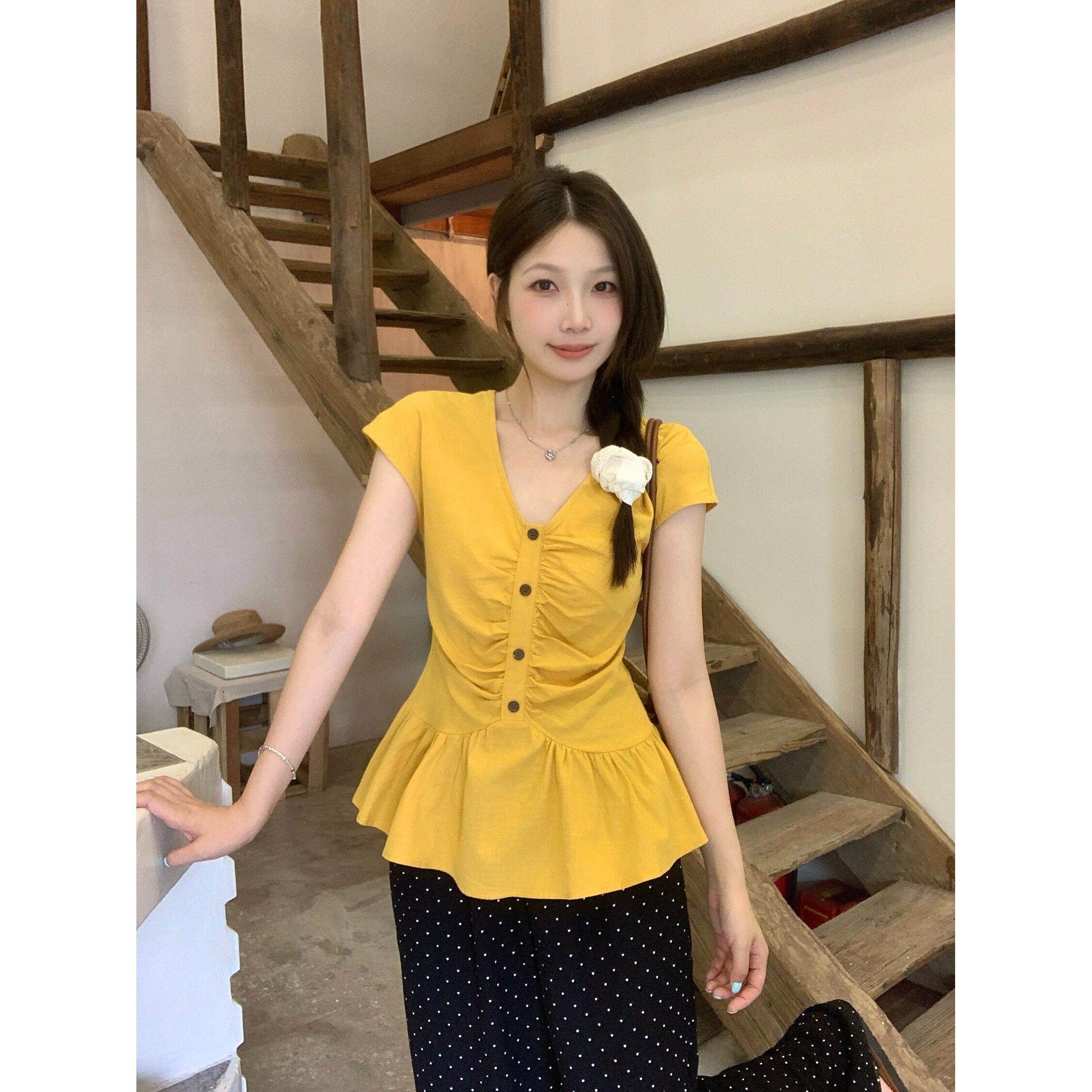 夏季红色大码收腰短袖衬衫女