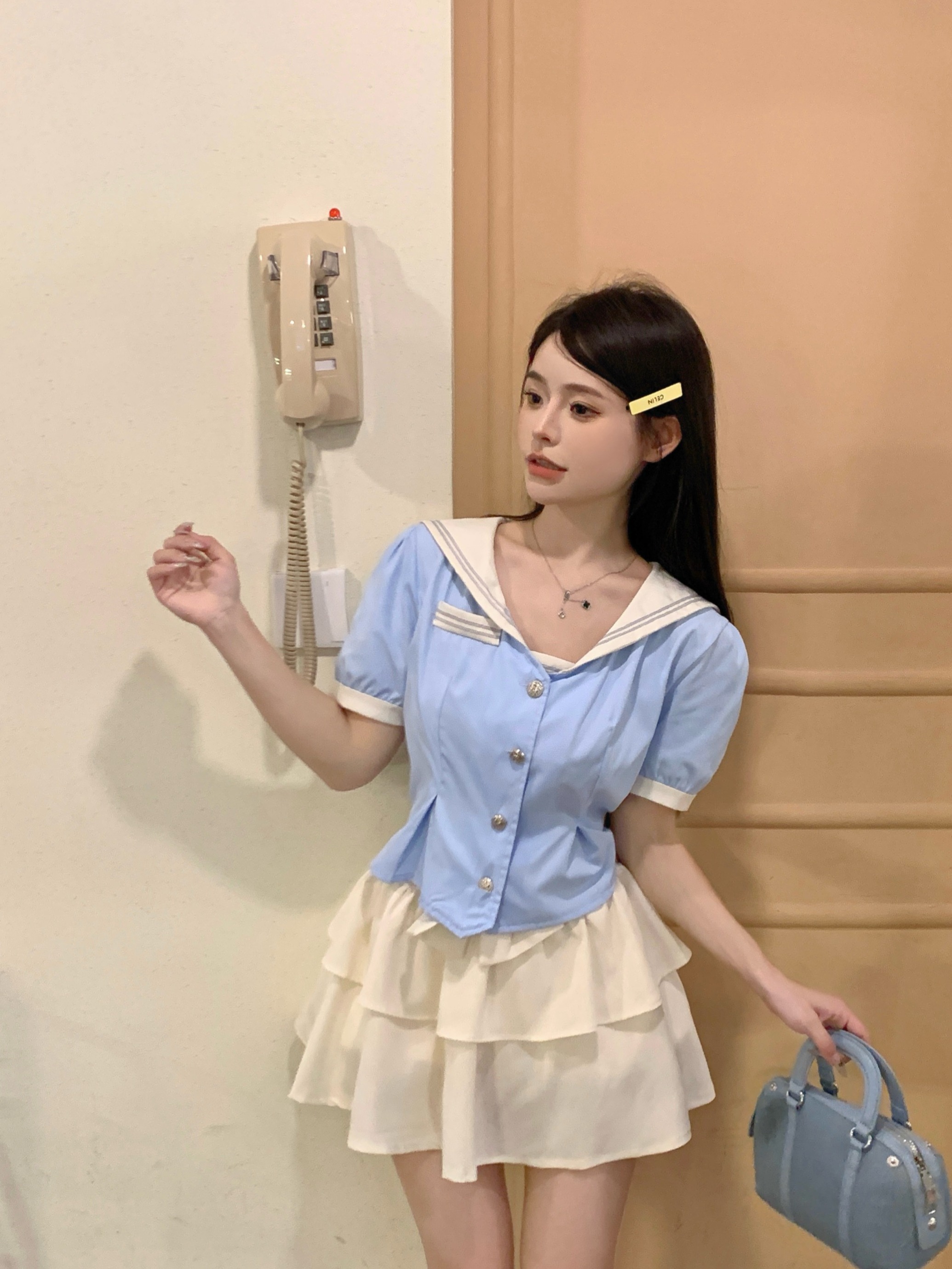 美式学院风收腰显瘦海军领水手服设计感小众上衣百褶裙jk制服套装