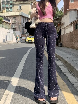 韩版笑脸微喇叭裤女辣妹高腰松紧抽绳印花修身显瘦运动休闲拖地裤