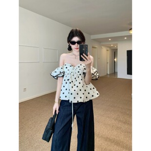 法式白色一字肩波点衬衫女新款设计感荷叶边气质露肩短袖上衣夏季